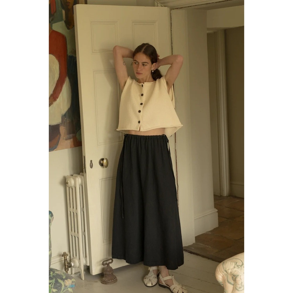 Gillian Stevens Linen Drawstring Midi Frances Skirt Noir Skirt Black Size 4